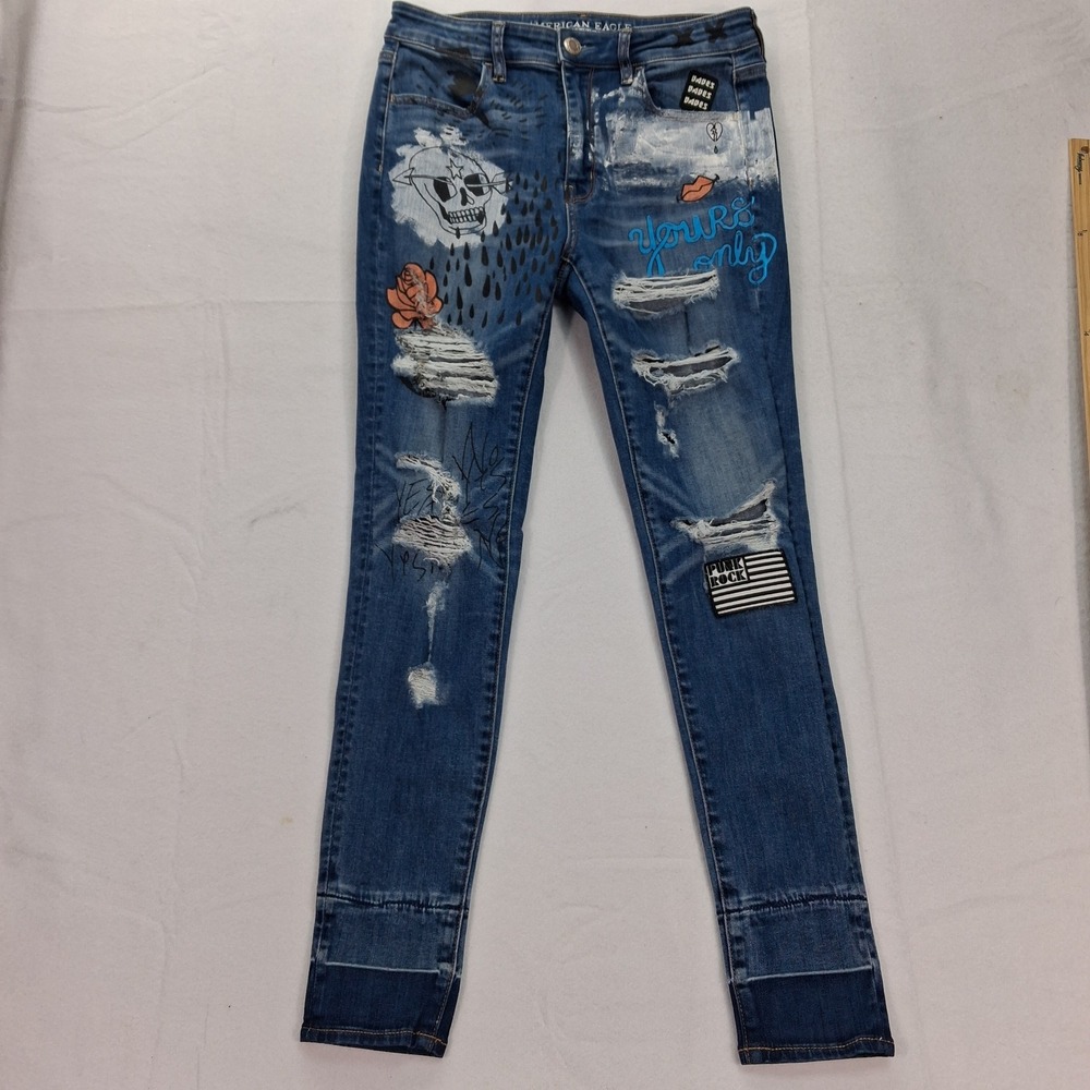American Eagle Jeans Womens 10 Super Stretch Hi-Rise Skinny Blue Distressed EUC